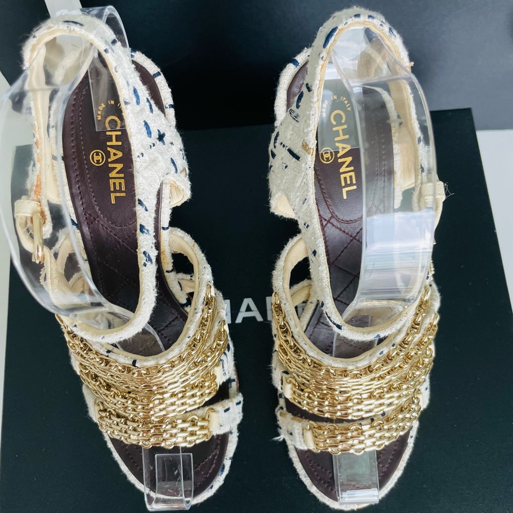 COPY - Chanel cc logos tweed gold chain strappy sandals size 38.5 - Picture 4 of 14